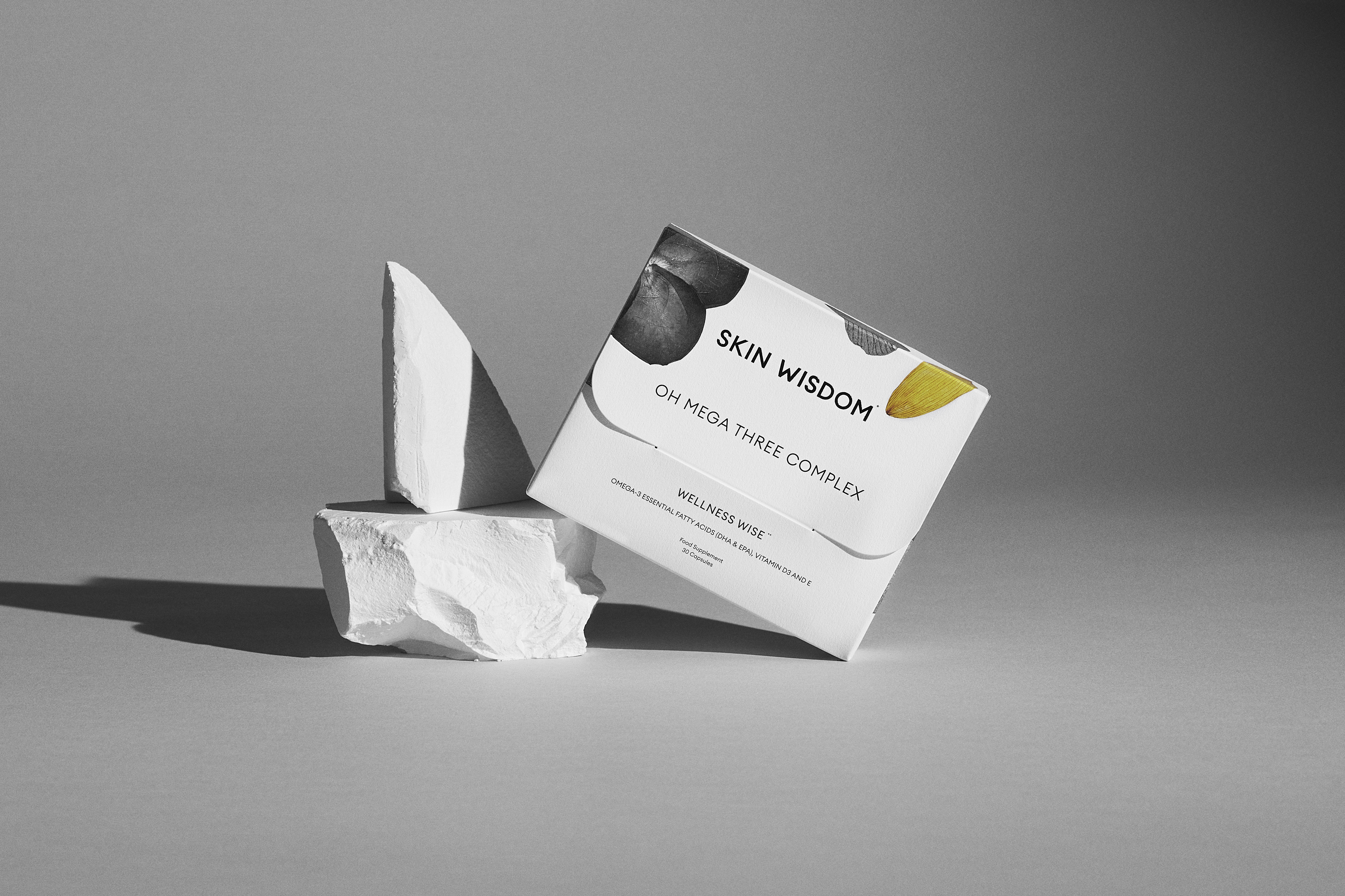 SKIN WISDOM® OH MEGA THREE COMPLEX omega-3 fatty acid supplement to support healthy skin, heart, joints and brain