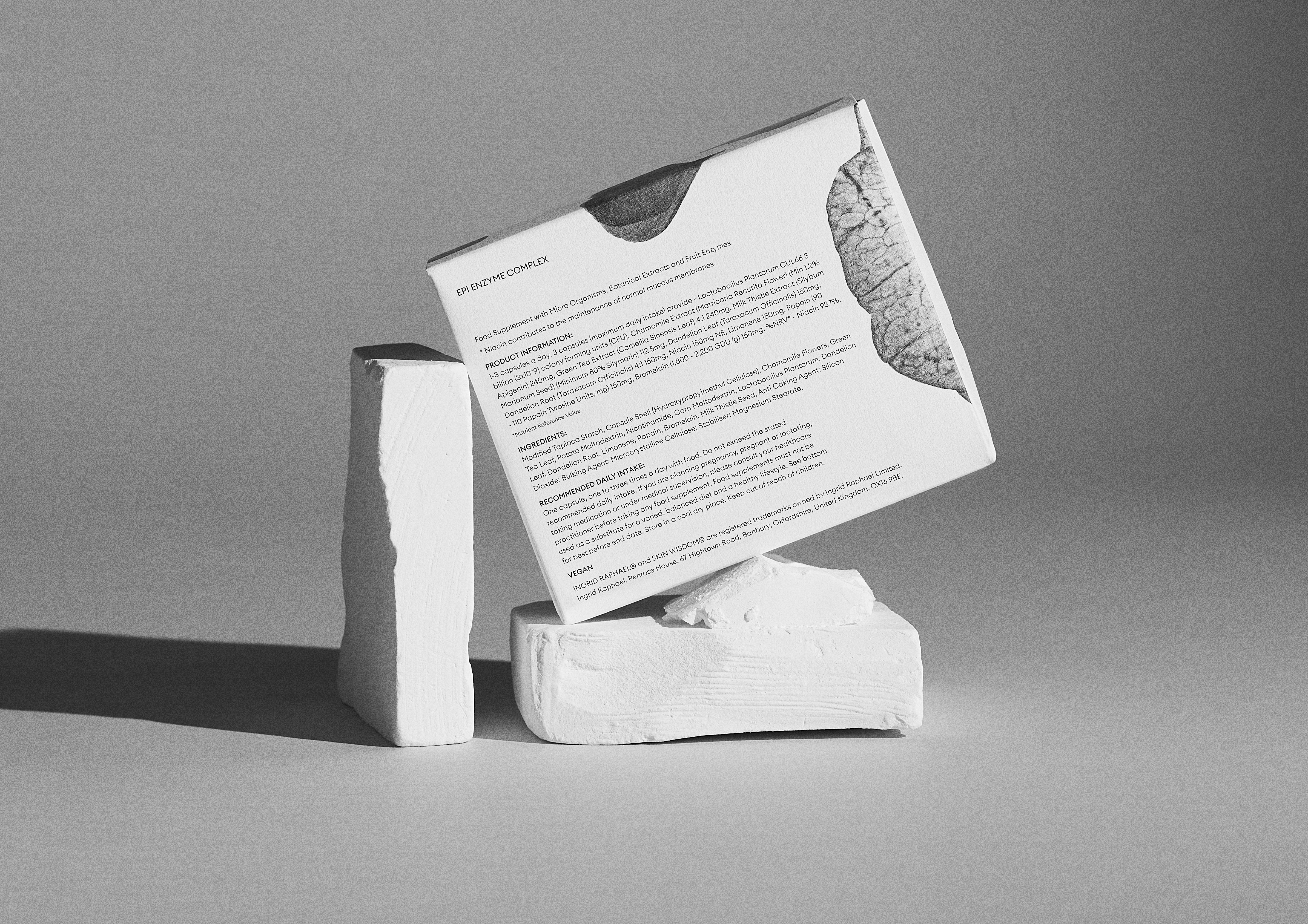 Back of packet of SKIN WISDOM® EPI ENZYME COMPLEX anti-inflammatory supplement supporting the digestion and skin