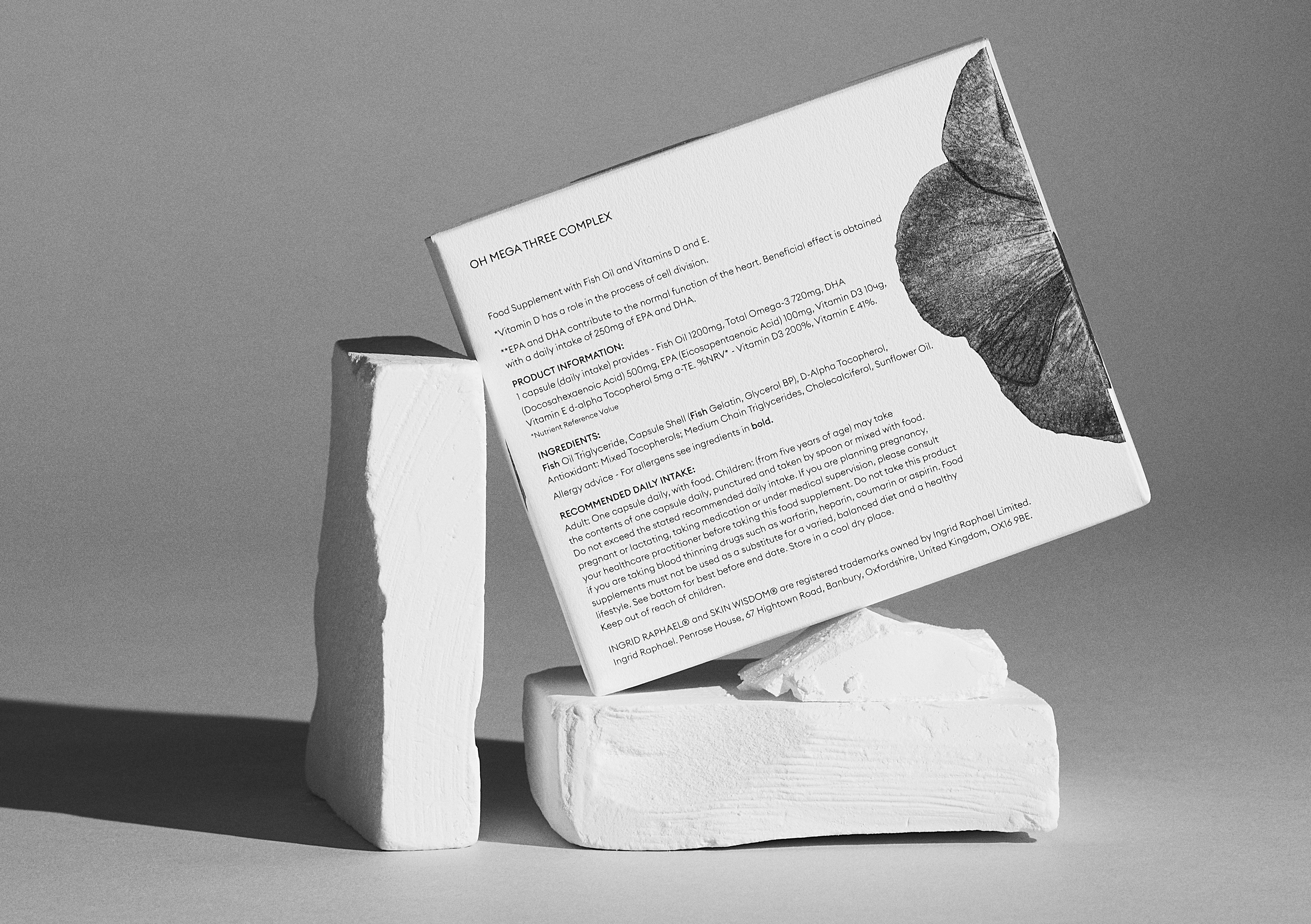 Back of packet of SKIN WISDOM® OH MEGA THREE COMPLEX omega-3 fatty acid supplement to support healthy skin, heart, joints and brain