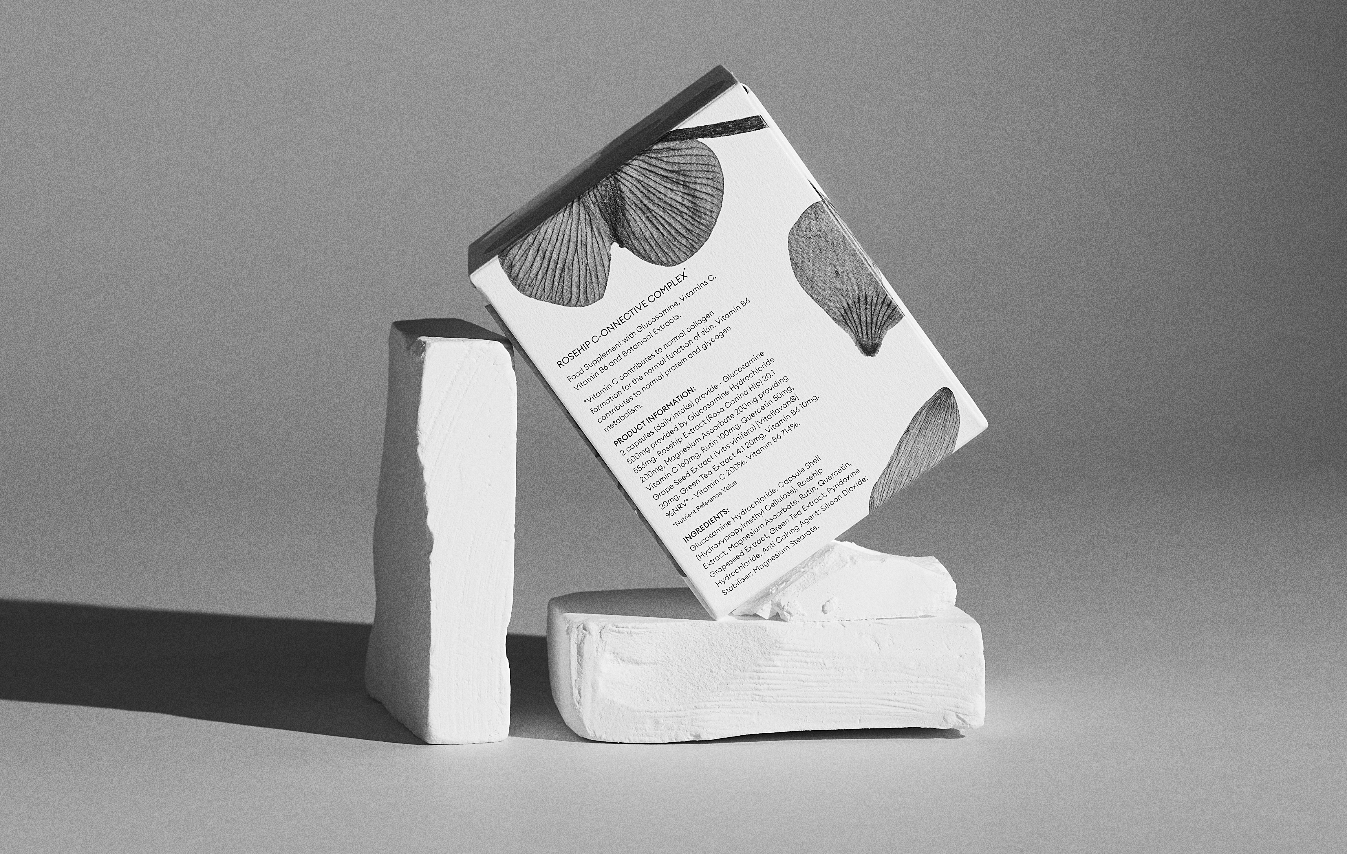 Back of packet of SKIN WISDOM® ROSEHIP C-CONNECTIVE COMPLEX supplement with collagen support and antioxidants to support skin health